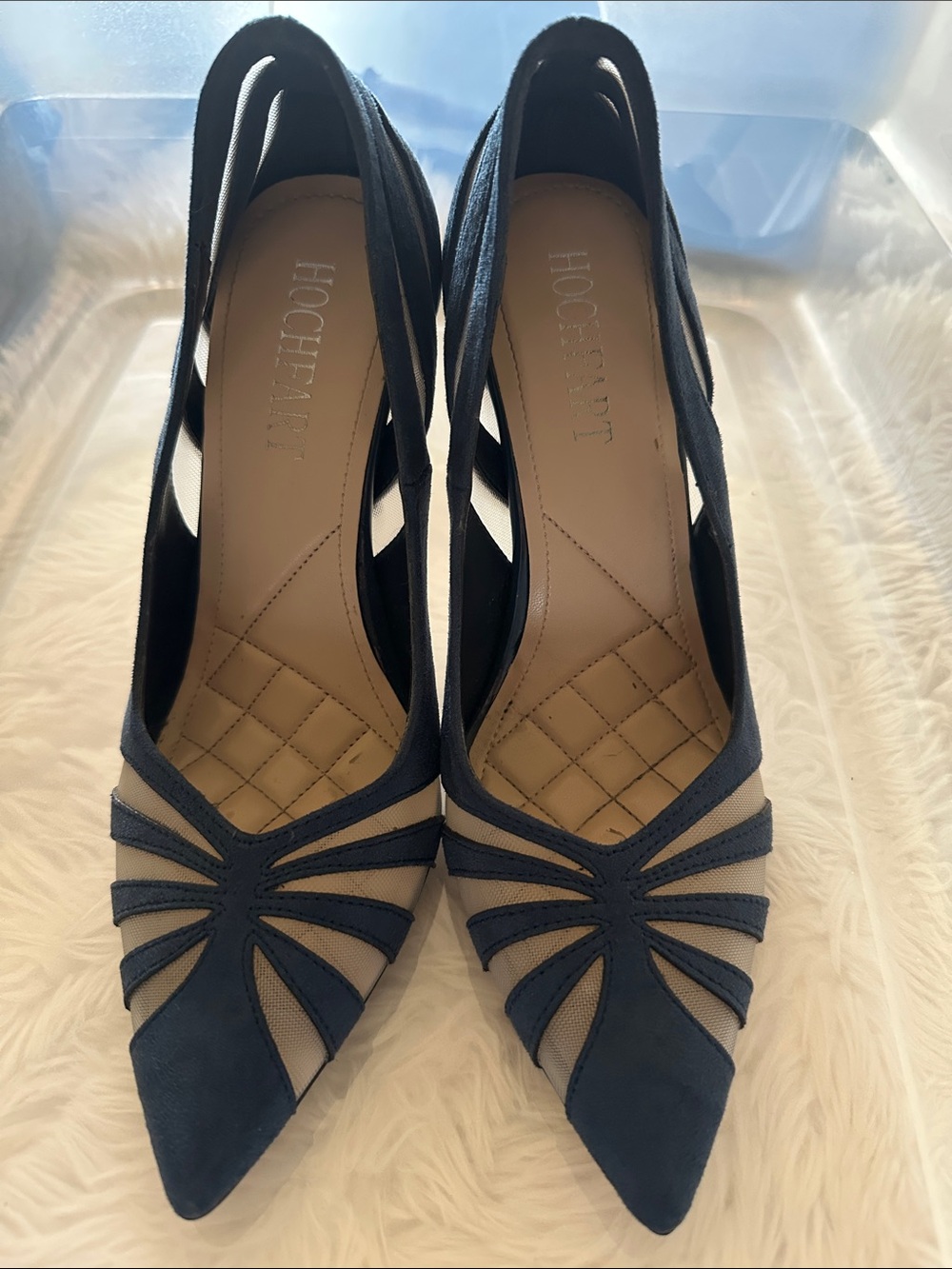 Navy and Taupe Pointed-Toe Slingback Heels